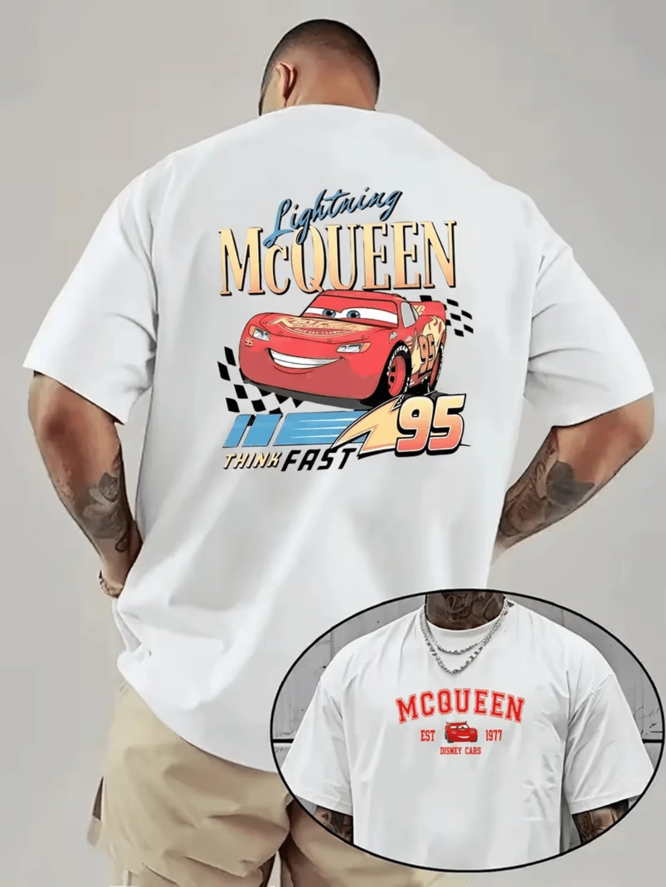 (Disney Licensed)Disney Cars Men's T-Shirt, "Lightning McQueen Think Fast" Graphic Tee, Oversized Crew Neck Short Sleeve Casual Streetwear T-Shirt, Retro Lightning McQueen With Checkered Flag Print Men's Summer Top, Disney Officially Authorized Men's Short-Sleeved T-Shirts, Mens Clothes, Men, Ropa De Hombre, Summer Clothes, Men Shirts, Graphic Tees, Disney Outfits Men, Graphic Tees, Camisetas Para Hombre, Camisas Para Hombre, Summer Outfits For Men, Father's Day Gift, Perfect Gift For Family And Friends, Which Are Necessary For Birthday Parties, Disney Shirts, Mens Clothes, Summer Clothes, Officially Licensed Disney T-Shirts, Disney Men's And Women's Spring/Summer Fashion Casual Short-Sleeve T-Shirts - White - View 1