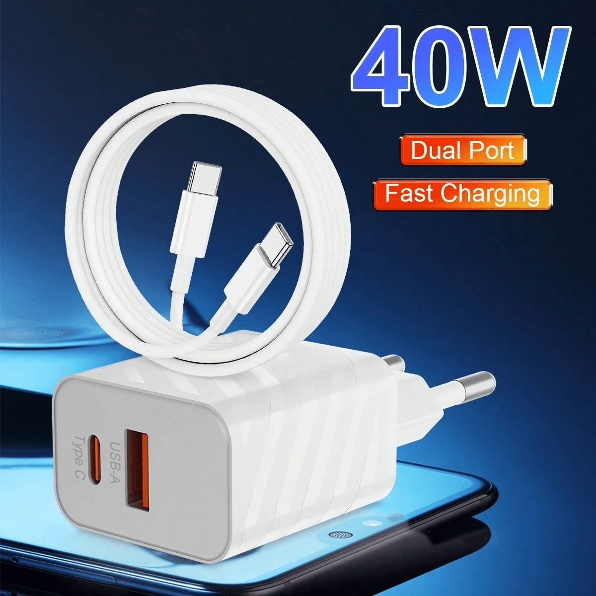 40W Dual Port Fast Charger | USB-C + USB-A Dual Port | Supports PD3.0 And QC3.0 Fast Charging Protocols | Compatible With Apple 15/14/13 Series, Air, IPad And Android Devices - EU C Type Plug(220-240V) - View 1