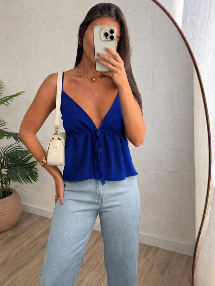Women's Tank Top With Tie Detail, Casual, Loose Fit, Knot Style, Perfect For Beach, Night Out, Vacation, Low Neckline, And Double Lining - 皇家藍 - 查看 1