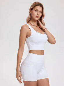 KyrLssu Quần short nữ cạp cao ôm sát có túi - trắng - Xem 2