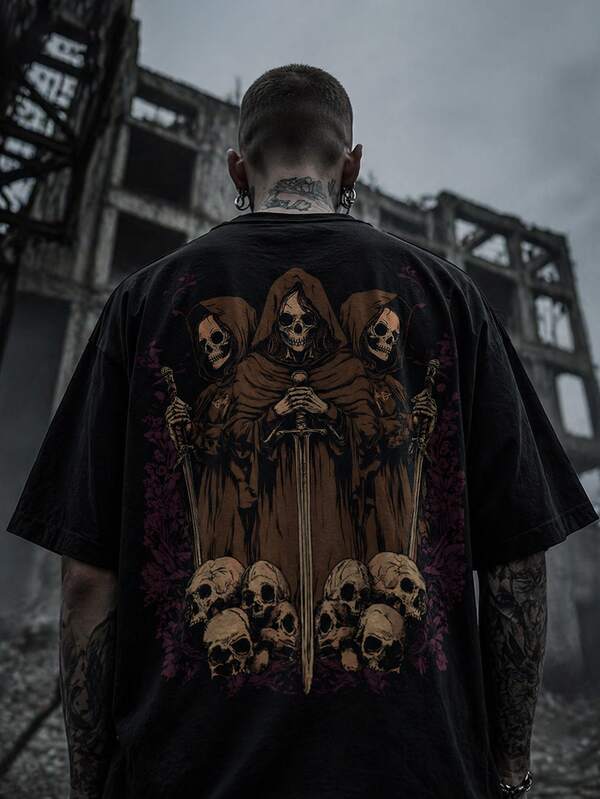 Men Streetwear T-Shirt Dark Gothic Horror Punk Graphic Tee, Urban Street Style, Edgy Short Sleeve Top