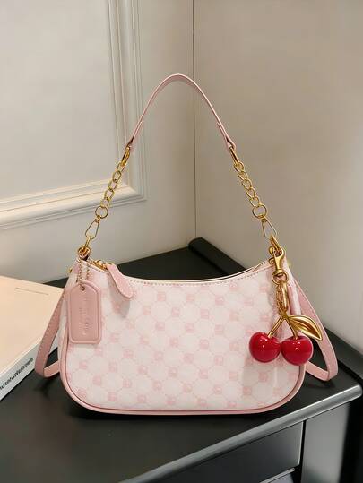 New Fashion Classic Pink Multifunctional Waterproof PU Material, Decorated With Letter Pattern, Contrast Color Blocking Solid Color Crescent Shoulder Bag, Chain One Shoulder Underarm Bag, Comes With Long Diagonal Shoulder Strap, Cherry Pendant Decor, Ladies Business Commuter Shoulder Bag, Lightweight, Suitable For Shopping And Gatherings, Easy To Carry.