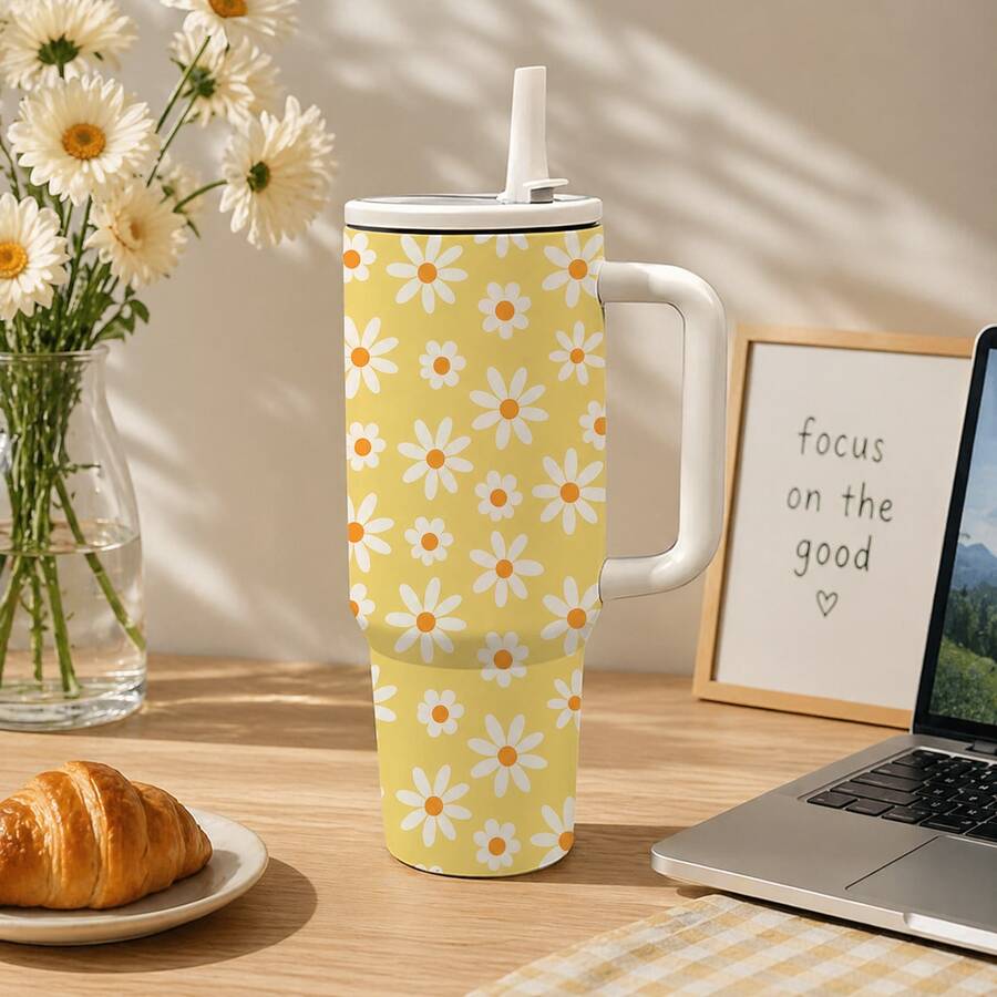 1pc 40oz Stainless Steel Insulated Tumbler With Handle And Straw, Daisy Print Cute Floral Pattern Insulated Cup, Double Wall Vacuum Insulated Cup Suitable For Hot And Cold Drinks, Large Capacity Coffee Cup For Women And Girls - White - View 1