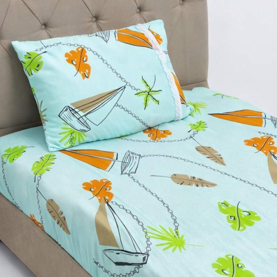 Single Jersey Knit Sheet Set, 2 Pieces, Printed, 100% Cotton, Elastic, Pillowcase With Zipper, Standard Box Spring Bed, Durable Bedroom - 淡綠 - 查看 1