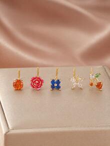 5pcs L-Shaped Nose Stud Set, Rose Flower & Cherry Shaped Nose Jewelry For Women - Gold 15 - View 2