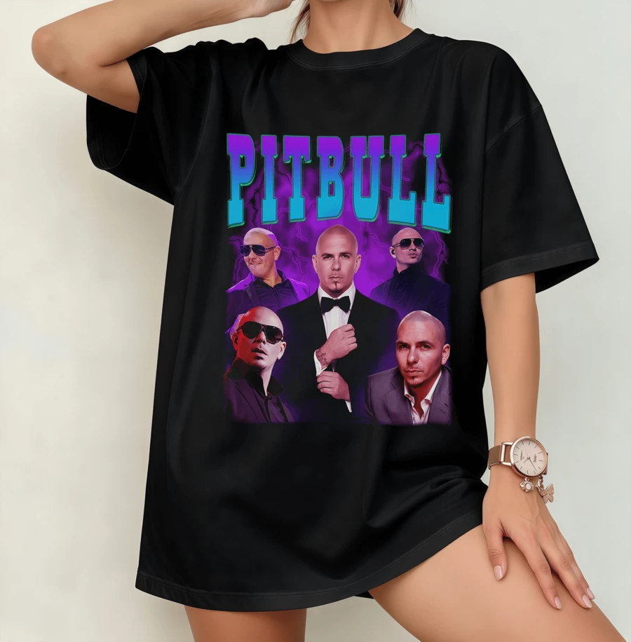 Pitbul Retro Hip Hop Collage T-Shirt | Gender-Neutral Oversized Music Fan Shirt Black - 黑色 - 查看 1