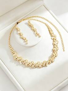 3pcs/Set Gold-Tone Rhinestone Floral Cluster Exaggerated Necklace + Dangle Earrings, Sparkling Accessories For Formal Occasions, Suitable For Weddings, Proms And Parties - Gold - View 2