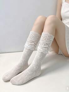 1/4 Pair Spring/Summer New Lace Patchwork Sweet Thick Knee High Socks - Multicolor - View 8