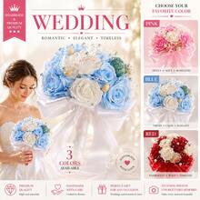 Bó hoa cưới giả vỏ sò hoa hồng xanh trắng, bó hoa cưới giả chủ đề bãi biển, bó hoa ruy băng ngọc trai cho phù dâu. - 1 chiếc màu xanh dương - Xem 4
