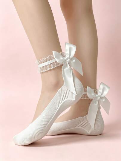 1/5 Pairs Spring/Summer New Sweet Ballet Lace Ruffle Bow Tie Silk Blend Boat Socks