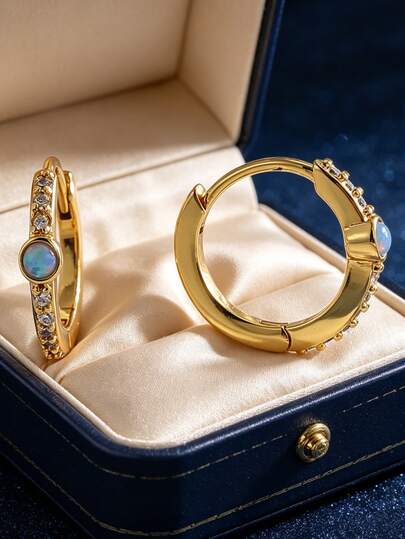 Women's Gold-Plated Hoop Earrings, Inlaid With Round Colored And Pave White Zirconia, Minimalist Encrusted Craftsmanship, Suitable For Daily Commute And Workwear, An Ideal Gift For Fashion Enthusiasts