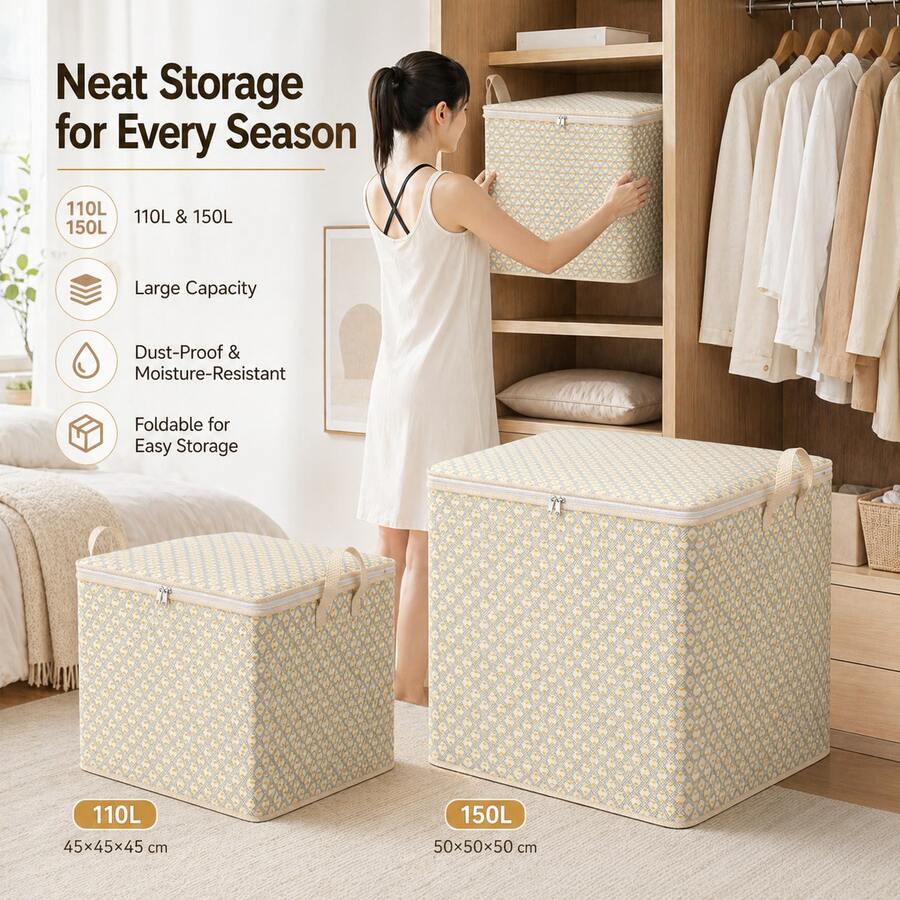 1pc Beige Storage Box, Minimalist Fabric Foldable Storage Bin, Large Capacity Stackable Quilt & Clothing Organizer, Zippered Dust-Proof & Moisture-Proof Blanket & Clothing Storage Bag, Suitable For Wardrobe, Bedroom, Closet, Dorm, Home - Gray Ripples - View 1
