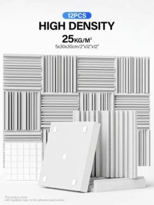 TMJD MISS [12片装，24片装] 隔音泡沫板 - 10x10x2/12x12x2英寸，适用于音乐室、工作室、游戏私人空间隔音，带双面胶（黑色/白色/灰色） - 寬頻設計 - 查看 10