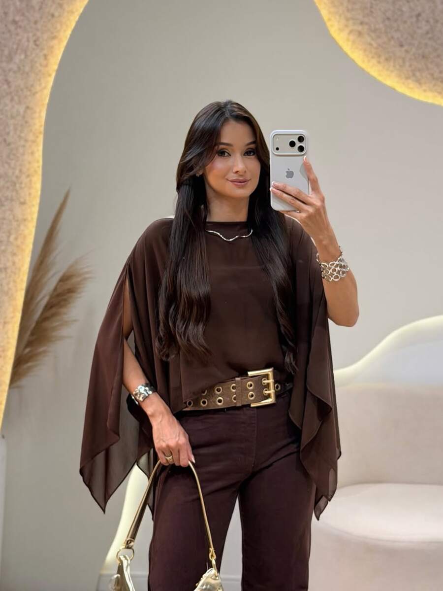 Women's Transparent Blouse, Tulle Cape, Multi-Style Chiffon, Elegant, Chic - Rỉ Nâu - Xem 1