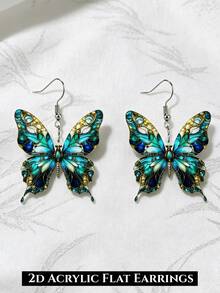 Bông tai mặt dây chuyền hình bướm xanh độc đáo 2D, thiết kế phẳng in trên acrylic, phù hợp để đeo hàng ngày và dự tiệc, món quà tinh tế. - Bươm bướm - Xem 7
