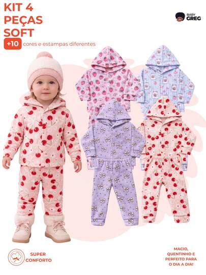 Kit Bebê 4 Peças de Moletom Soft Infantil Menina - 2 Casacos Com Capuz + 2 Calças 100% Algodão
