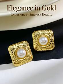 1/3pcs 18K Gold Plated Stainless Steel Vintage Pearl Earrings, Gold Baroque Style Pearl Earrings, Fashionable Geometric Oval Earrings, Anti-Oxidation & Hypoallergenic, Unique Asymmetrical Design, Suitable For Mother's Day, Valentine's Day, Party, Daily, Beach, Bridesmaid, Birthday & Holiday Jewelry Gift - Multicolor - View 5