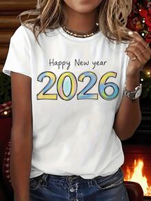 Feliz Año Nuevo 2026 divertido gráfico impresión camiseta, estética manga corta cuello de la tripulación top casual para toda la temporada, ropa de mujer - Blanco - Ver 2