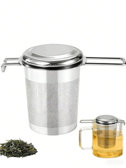 不锈钢双柄茶叶过滤器 - 耐用网状过滤器，茶叶过滤器，咖啡过滤器，适用于散装茶叶、香料和草药，符合人体工程学设计，易于握持。
