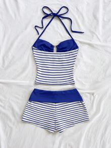 Conjunto de Regata de Malha Casual e Shorts Listrados Feminino, Conjunto de 2 Peças Elegante e na Moda, Adequado para Uso na Praia no Verão, Feito de Tecido de Malha Levemente Elástico para Uso Confortável - Azul - Visão 2