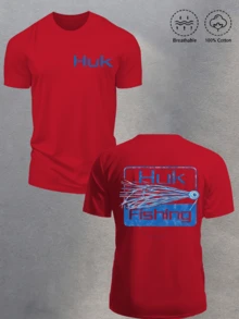 Huk Performance Fishing - Men's Loose Short-Sleeve 100% Cotton T-Shirt With "HUK" Front Letter Logo And Back Huk Fishing Lure Graphic Pattern, Spring/Summer Style, Outdoor Fishing Casual Street Retro Aesthetics, Loose 100% Cotton Pullover, Gift - Red - View 1