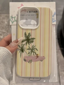 1pc White Striped Coconut Tree Minimalist Personalized TPU Shockproof Full Coverage Phone Case, Compatible With Apple 17, 16, 15, 14, 13, 12, 11 Pro Max, Air, And Series - Multicolor - View 4