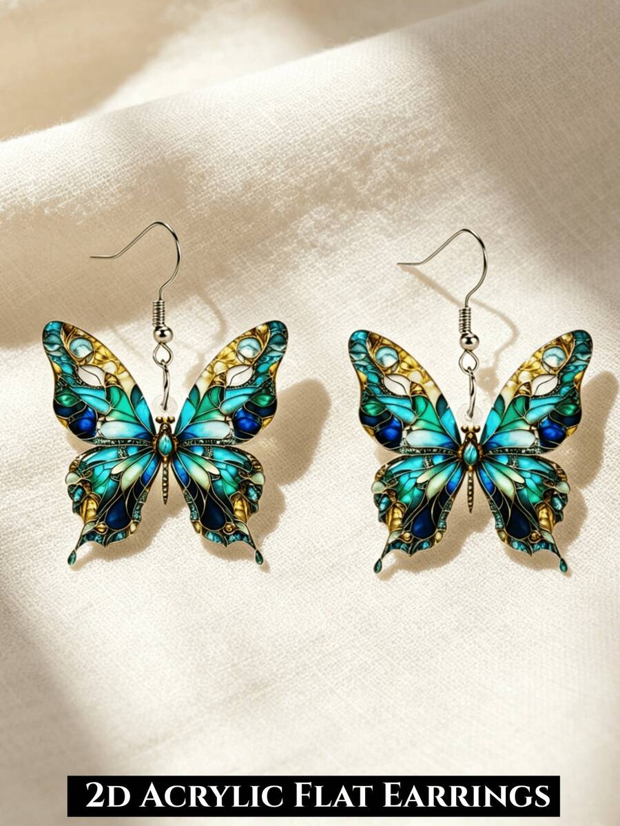 Bông tai mặt dây chuyền hình bướm xanh độc đáo 2D, thiết kế phẳng in trên acrylic, phù hợp để đeo hàng ngày và dự tiệc, món quà tinh tế. - Bươm bướm - Xem 1