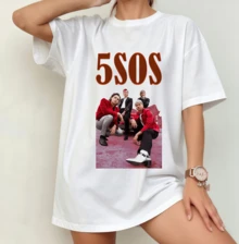 5SOS Group Photo Retro Style T-Shirt | Gender-Neutral Oversized Fan Shirt White - White - View 1