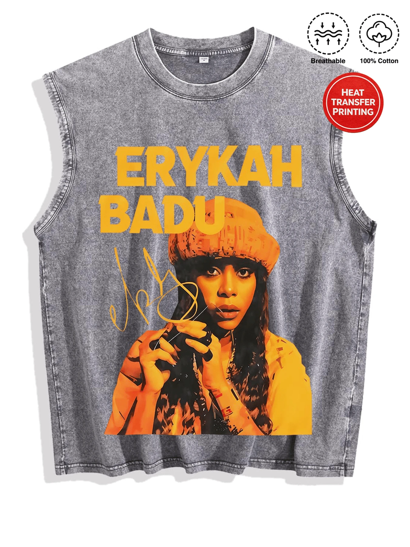 Sleeveless Printed Oversized T-Shirt, Y2K Style Street Fashion Men's Washed Vest (220g Pure Cotton), Vintage Pattern Fun Print, Hip-Hop Style - Grey - View 1