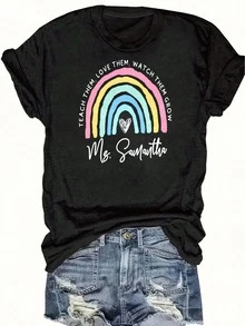 Women's Reading Rainbow Graphic Tee With Book Design Tee, Soft, Heavyweight, Fitted Fit, Print, Graphic, Design, Book, Rainbow Print, For Casual - 黑色-3 - 查看 6