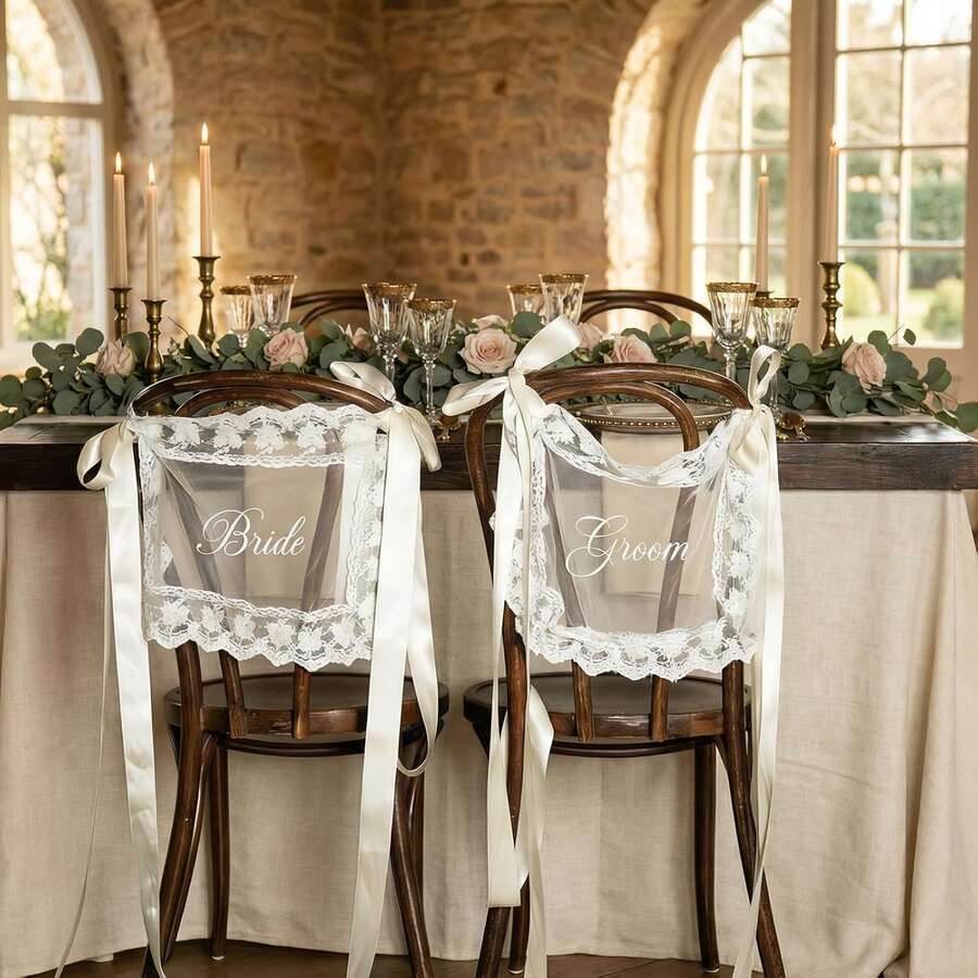 1 Set Bride & Groom/Newly Wedded Wedding Chair Signs - Elegant Lace Chair Back Decor With White Satin Ribbons, Romantic Outdoor Ceremony Reception Chair Sash, Rustic Garden Spring/Summer Wedding Decor, Newlywed Table, Wedding Party Decorations - 1set - View 1