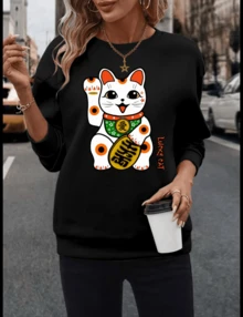 Women'S Casual Pullover Sweatshirt, Round Neck Hoodie, Featuring Lucky Cat LOVE CAT, Themed Around The Fortune Cat, Sweet Style, Perfect For Date Outfits, Valentine'S Day Gift, Heart Japanese Design, Kaw - 黑色 - 查看 1