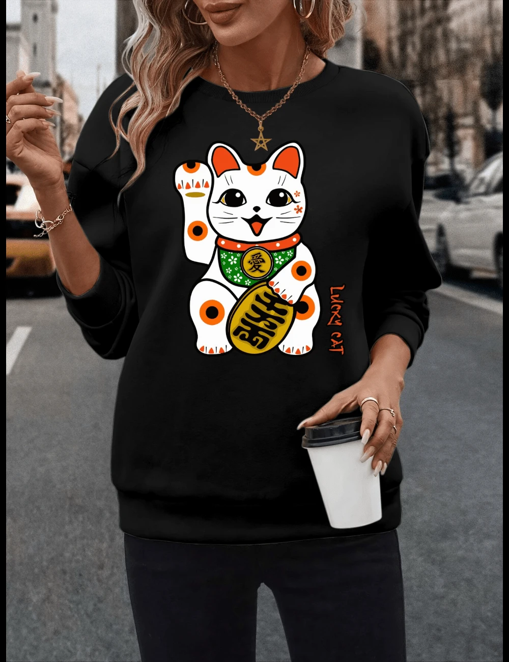 Women'S Casual Pullover Sweatshirt, Round Neck Hoodie, Featuring Lucky Cat LOVE CAT, Themed Around The Fortune Cat, Sweet Style, Perfect For Date Outfits, Valentine'S Day Gift, Heart Japanese Design, Kaw - 黑色 - 查看 1