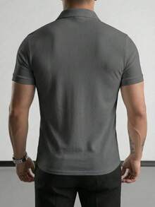 Camisa polo de manga corta de unicolor, de media cartera, casual y versátil para el trabajo diario para hombres - Gris Oscuro - Ver 4