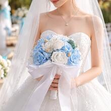 Bó hoa cưới giả vỏ sò hoa hồng xanh trắng, bó hoa cưới giả chủ đề bãi biển, bó hoa ruy băng ngọc trai cho phù dâu. - 1 chiếc màu xanh dương - Xem 7