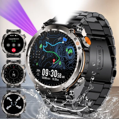 Reloj inteligente deportivo para exteriores de 1,7 pulgadas, adecuado para hombres, compatible con inalámbrico 5.0, resistente al agua IP68, pantalla IPS de 360p, Body de aleación, correa de silicona, batería recargable de 600mAh, talla grande de 100 modos deportivos, brújula, función de llamada, carga USB, súper linterna