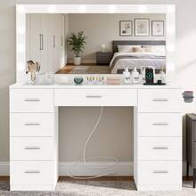 Large Makeup Vanity With 9 Drawers For Christmas Gifts, Glass Desktop Makeup Vanity With 12 LED Lights, 3 Lighting Color Adjustable, Vanity Table With Large Lighted Mirror And Power Outlet, White - US A Type Plug(110-127V) - View 1
