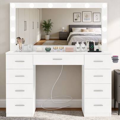 Large Makeup Vanity With 9 Drawers For Christmas Gifts, Glass Desktop Makeup Vanity With 12 LED Lights, 3 Lighting Color Adjustable, Vanity Table With Large Lighted Mirror And Power Outlet, White