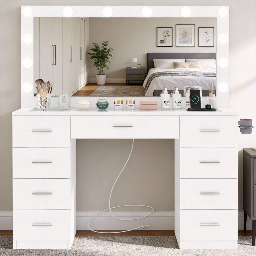 Large Makeup Vanity With 9 Drawers For Christmas Gifts, Glass Desktop Makeup Vanity With 12 LED Lights, 3 Lighting Color Adjustable, Vanity Table With Large Lighted Mirror And Power Outlet, White - US A Type Plug(110-127V) - View 1