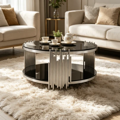 Modern 80cm Black Glass Coffee Table, Luxurious Living Room Table With Double Glass Top, Round Coffee Table With Silver Steel Base, Side Table With Round Glass Top, Center Table For Living Room/Home/Office