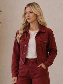 Women's Cropped Short Denim Jacket With Iron-On Button Hem - Mother's Day - 紫紅色 - 查看 5