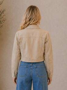 Women's Cropped Short Denim Jacket With Iron-On Button Hem - Mother's Day - Khaki - View 2