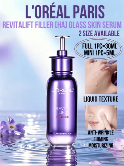 L’Oreal Paris L'Oreal Revitalift Hyaluronic Acid Plumping & Radiant Serum, 30ml Family Size And 15ml Travel Size, Deep Hydration And Long-Lasting Moisturization, Skin Plumping And Barrier Repair, Brightening And Even Complexion, Anti-Aging And Fine Line Reduction, Nourishing And Luminous Facial Serum, Lightweight And Easily Absorbed Formula, Suitable For All Skin Types, Essential For Daily Skincare And Travel, Ideal For Holidays And Gifts
