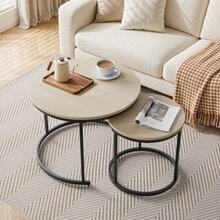 Two-Piece, Nesting Coffee Table Set, Oak Veneer, Round Coffee Table With A Diameter Of 60 Cm, Metal Frame, Modern Style, Suitable For Living Room, Bedroom, Balcony. - Khaki - View 3