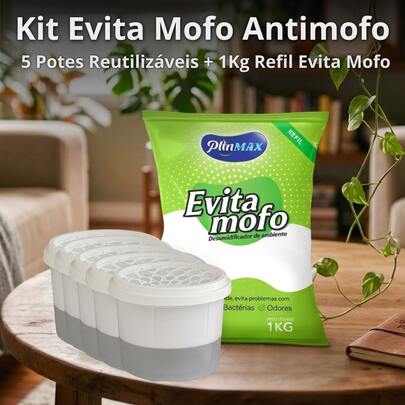 Evita Mofo Kit Completo 5 Potes Reutilizáveis + Refil 1Kg - Antimofo Armário Roupas Calçados