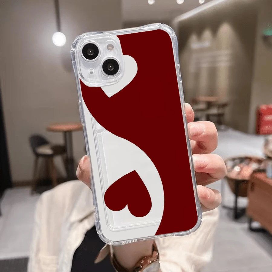 1 unidad Corazones blanco y rojo curvo Funda para iPhone 16, protección anticaída con airbag reforzado en las cuatro esquinas, tarjetero invisible integrado en la parte trasera, compatible para tarjeta personal, carnet de conducir, tarjeta de acceso y tarjeta de transporte, funda protectora antigolpes portátil con ranura para tarjetas, diseño sencillo y elegante, ideal para uso diario, desplazamientos y viajes - transparente - Ver 1