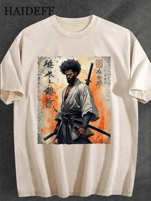 Samurai Afro Pattern Black Heavyweight Washed T-Shirt - Unique Kimono Design With Sword, Orange And Beige Background, Japanese Calligraphy - Perfect Choice For Anime Fans And Streetwear Enthusiasts, Available In Plus Size, Anime Clothes,Oversized T Shirt Men, Vintage Shirt - Màu be - Xem 1