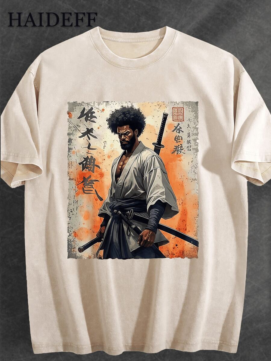 Samurai Afro Pattern Black Heavyweight Washed T-Shirt - Unique Kimono Design With Sword, Orange And Beige Background, Japanese Calligraphy - Perfect Choice For Anime Fans And Streetwear Enthusiasts, Available In Plus Size, Anime Clothes,Oversized T Shirt Men, Vintage Shirt - Màu be - Xem 1