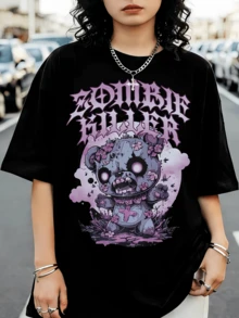 Graphic T-Shirt Featuring A Zombie-Killing Teddy Bear, Gothic Horror Y2K Style, Dark Grunge - Black - View 1