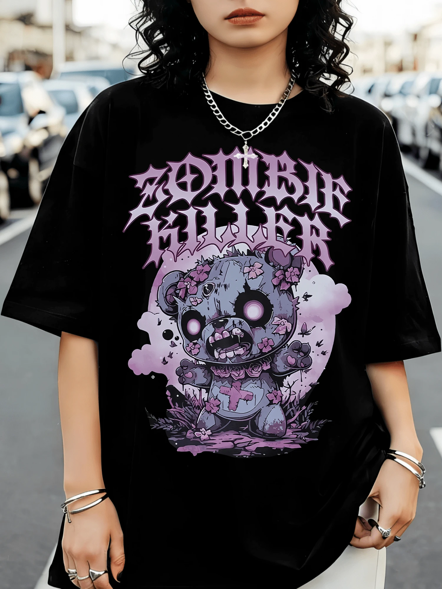 Graphic T-Shirt Featuring A Zombie-Killing Teddy Bear, Gothic Horror Y2K Style, Dark Grunge - Black - View 1